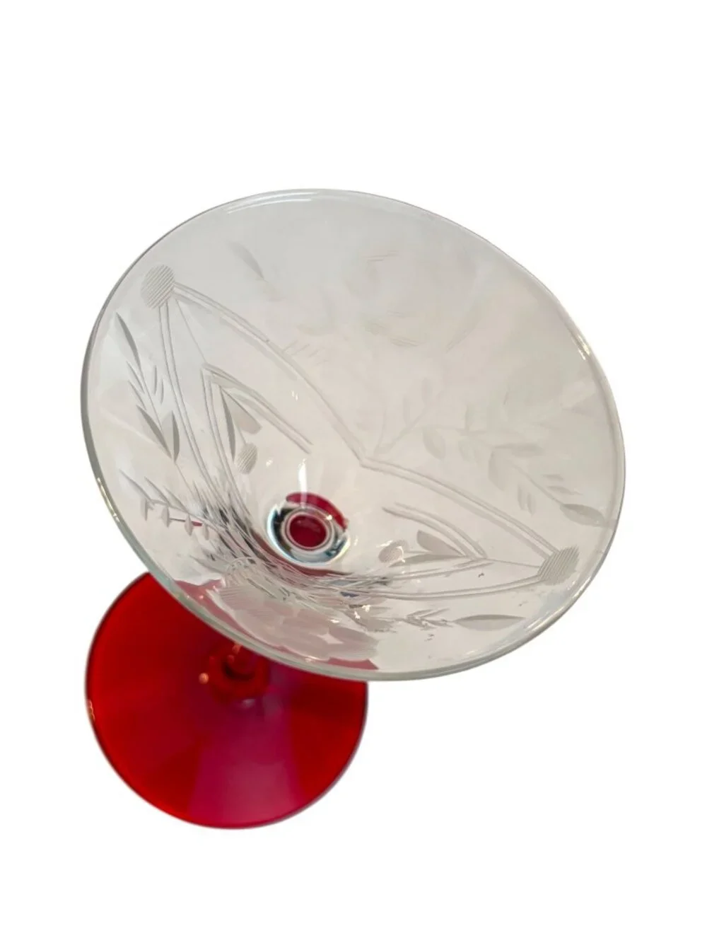 Vintage Etched Crystal Martini Glass With Ruby Red Base Floral Design Elegant Ba